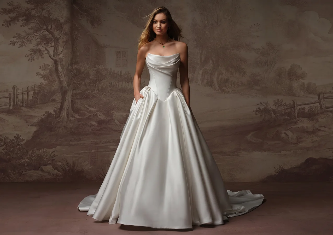 Maggie Sottero Fiorita satin ball gown wedding dress with a draped strapless bodice — Maggie Sottero trunk show at New York Bride & Groom