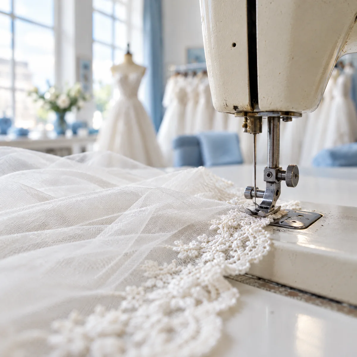 Sewing machine stitching a lace edge onto layered bridal tulle in the in-house alterations studio